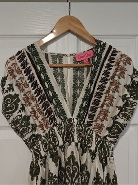 Women's V-Neck Printed Bohemian Top in Olive & Brown Dress